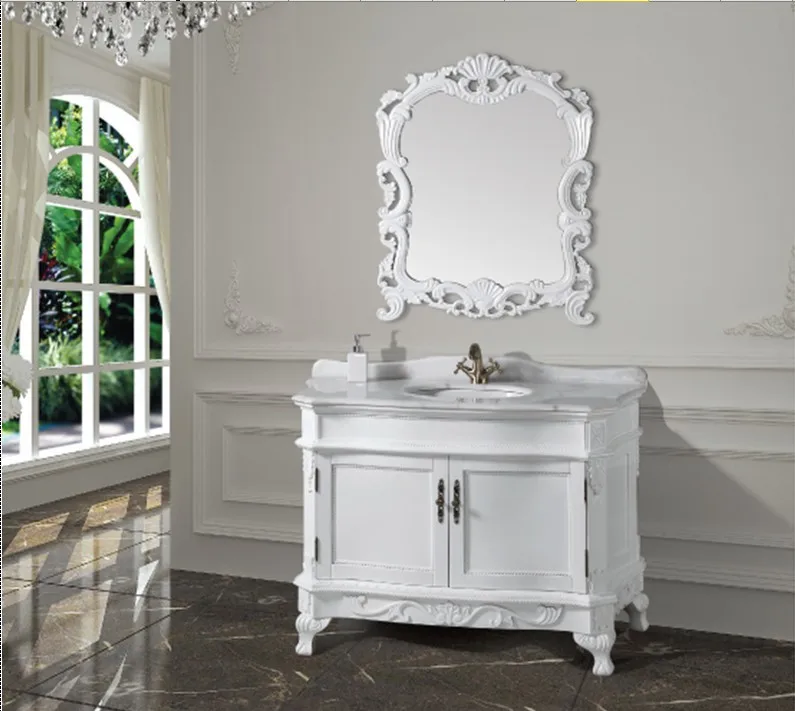 Punto de referencia Sandalias Deliberadamente Mueble de baño antiguo blanco de moda con espejo y lavabo encimera ...