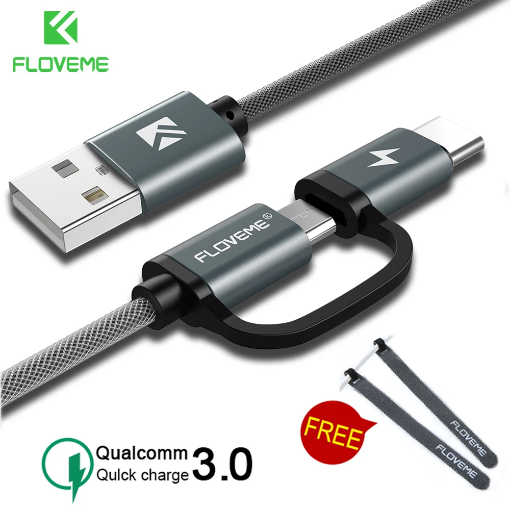 

FLOVEME QC3.0 USB Type C Cable for Samsung Galaxy Note 9 S9 2.8A Micro USB Cable 2 in 1 Fast Charge USB C Cable for Redmi Note 7