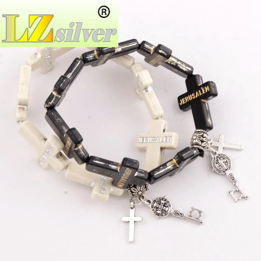 

Jerusalem Saint St Benedict Medal Key Charm Bracelets 2Colors Spring Acrylic Cross Adult Beaded Bracelet BB47