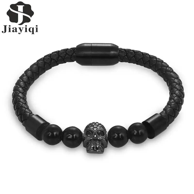 

Jiayiqi Classic Black Braided Leather Bracelet Men Skull AAA Cubic Zircon Stainless Steel Beads Bangle Male Glamour Jewelry Gift