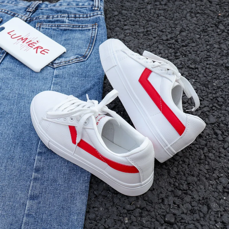 

Woman Shoes New Fashion Casual Striped Solid Color PU Leather Shoes Woman Casual White Shoes Sneakers
