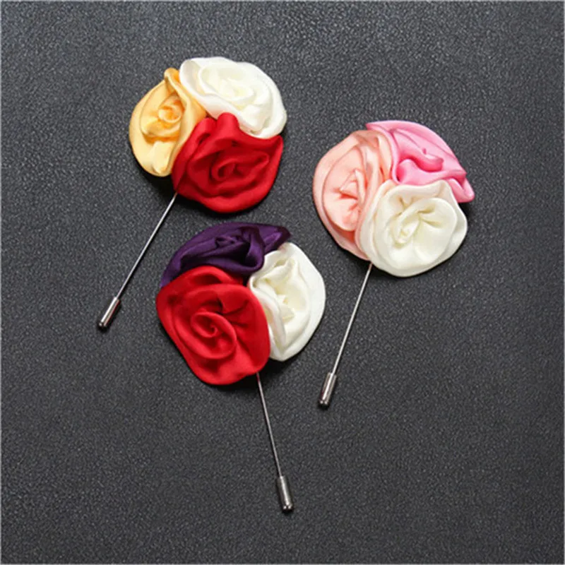 Mdiger 50PCS/LOT Colorful Flower Silk Brooch Pins for Men Suit Rose Novelty Lapel Pin Three Rose