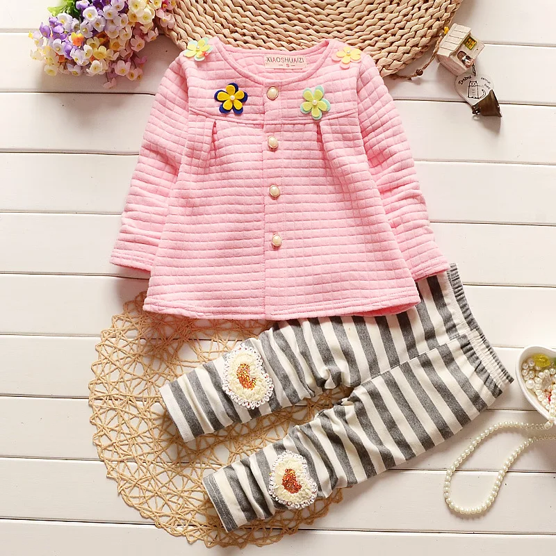 

Girls Clothing Sets Baby Children Cotton Long Sleeves Flower Coat And Striped Pants Suits Kids Clothes Sets Costume For 0-4 Y