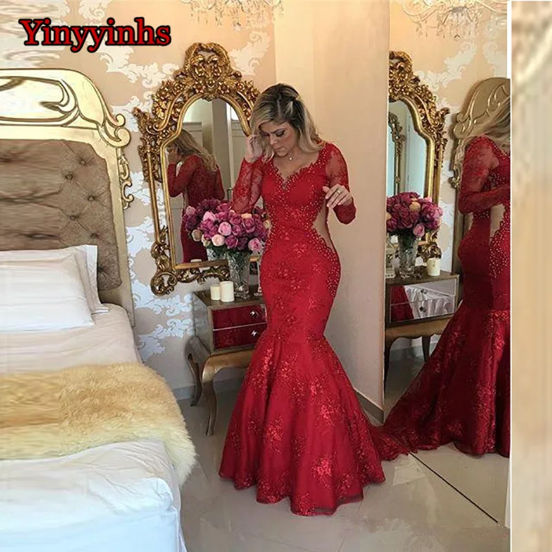 Red-2019-Prom-Dresses-Mermaid-V-neck-Long-Sleeves-Pearls-Lace-Sexy-Party-Maxys-Long-Prom.jpg_640x640