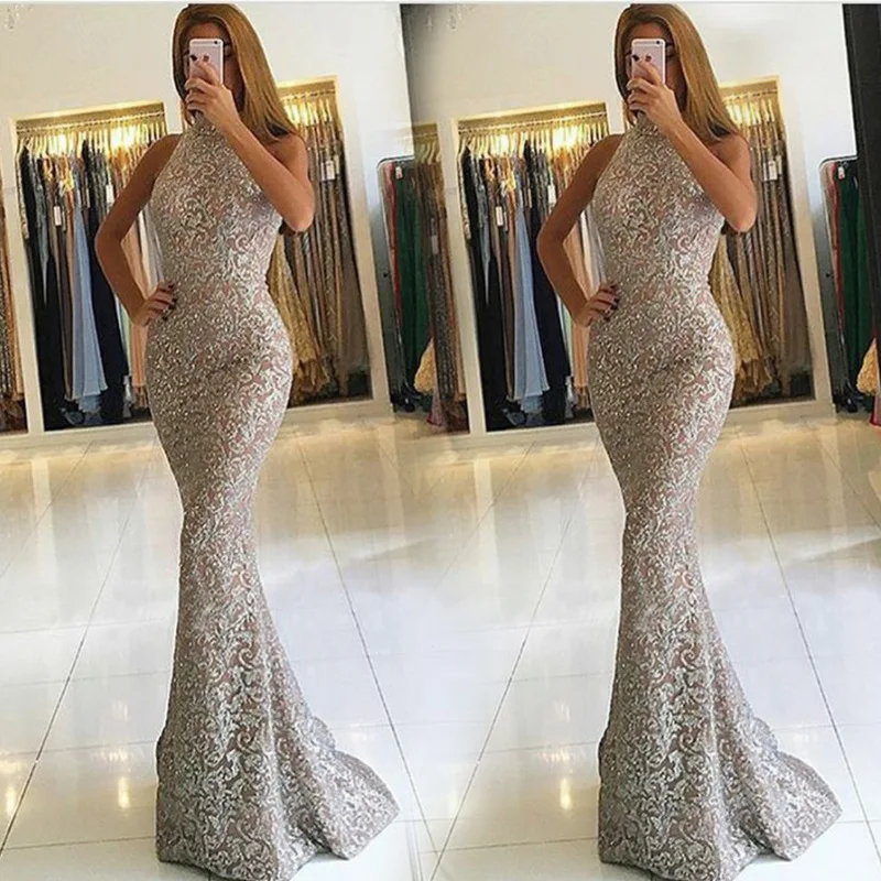 Женское Сексуальное Серебряное Макси платье Русалка винтажное с воротником