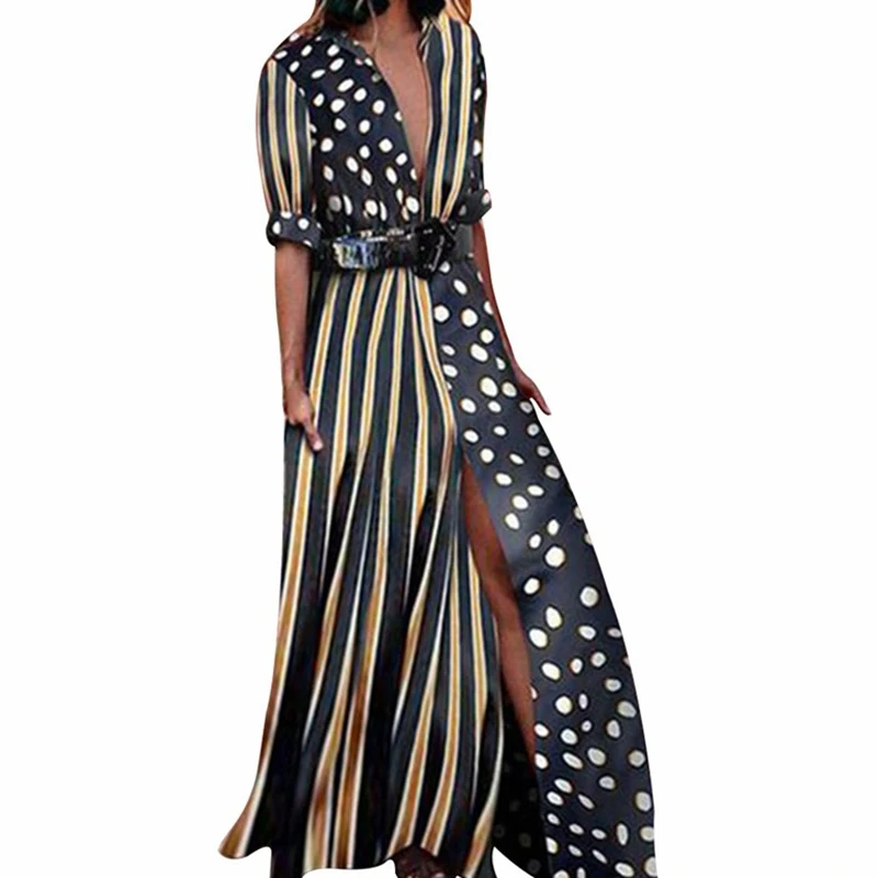 

2019 Sexy Deep V Dress Collar Women Split Dot Vintage Dresses Polka High Turn-down Bohemian Striped Long Patchwork