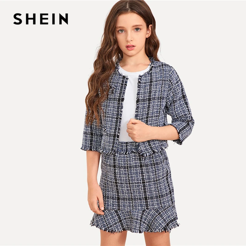 SHEIN/детский серый твидовый топ с необработанным подолом и юбка для девочек комплект из двух предметов, детская одежда г. Весенний повседневный комплект детской одежды с оборками