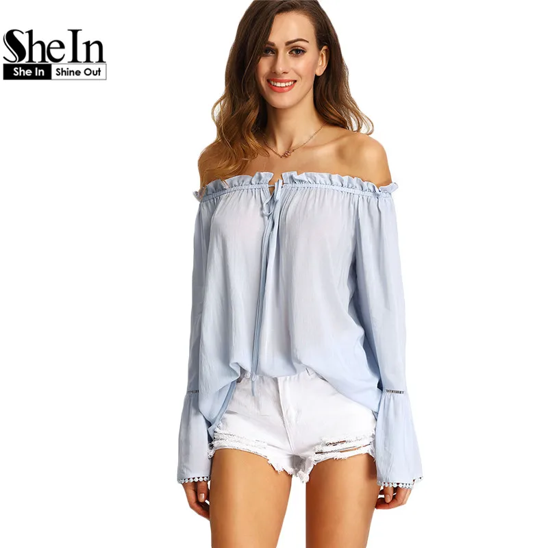 SheIn Tops For Women font b Sheer b font Summer Sexy Shirts Plain Light Blue Long