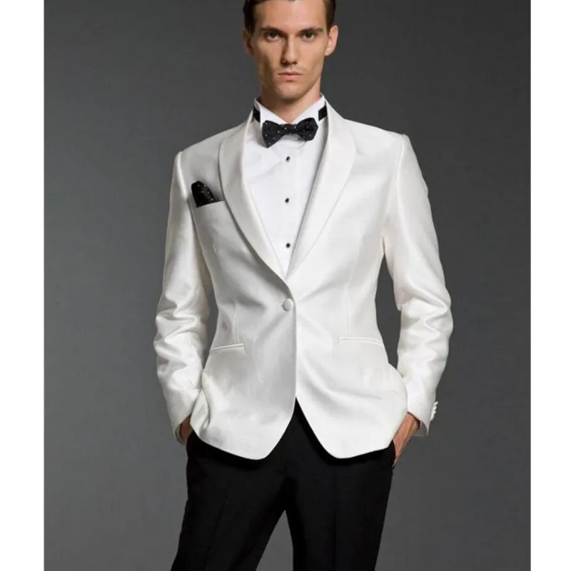 Новое поступление, новые белые мужские костюмы для свадьбы, шаль с отворотом, свадебные смокинги из двух частей, мужские костюмы, облегающий костюм жениха