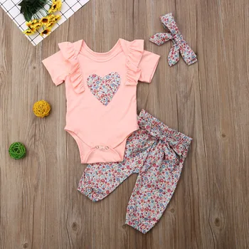 

Imcute Newest Fashion Toddler Kids Baby Cute Girls 3PCS Short Sleeve Ruffle Sleeve Romper+ Floral Long Pants Trousers+ Headwear
