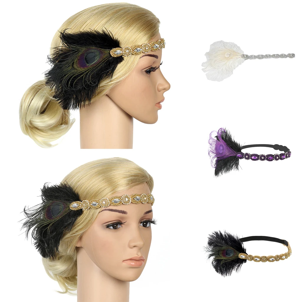 

Woman Elastic Flower Feather Headband Party Headband Rhinestone Forehead Decor Headband