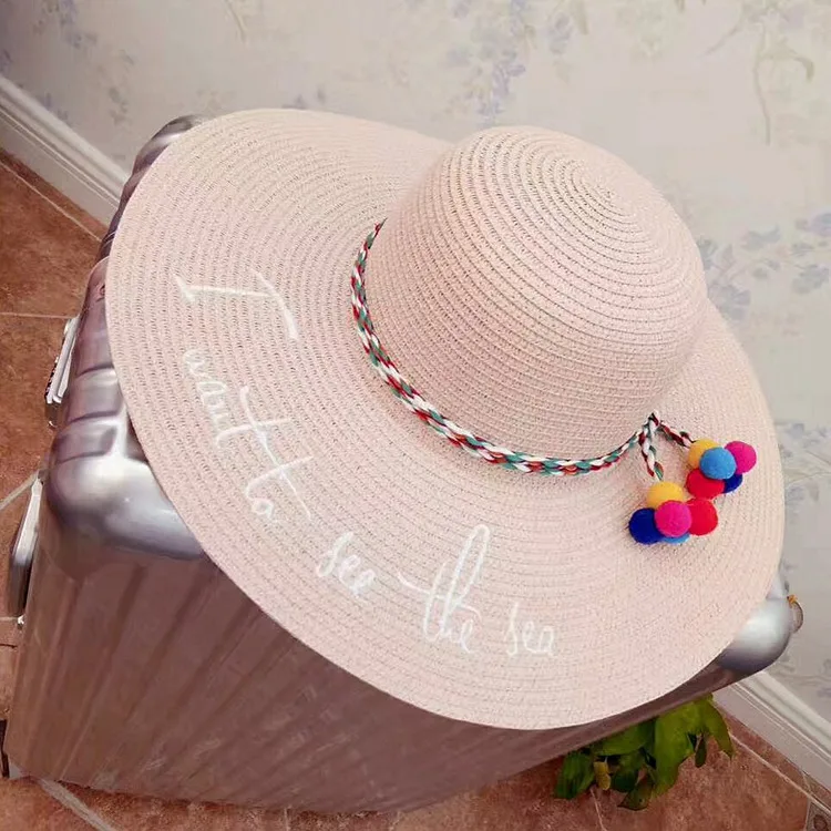 Новая английская вышивка я хочу увидеть море родитель-ребенок широкие поля ручная плетеная солома шляпа летняя пляжная шляпа - Цвет: kid pink