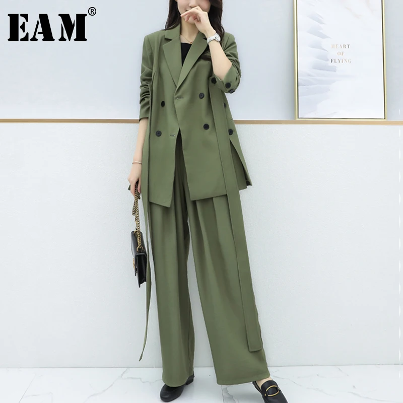

[EAM] 2019 New Spring Lapel Neck Long Sleeve Green Loose Button Bandage Wide Leg Pants Two Piece Suit Women Fashion Tide JY432