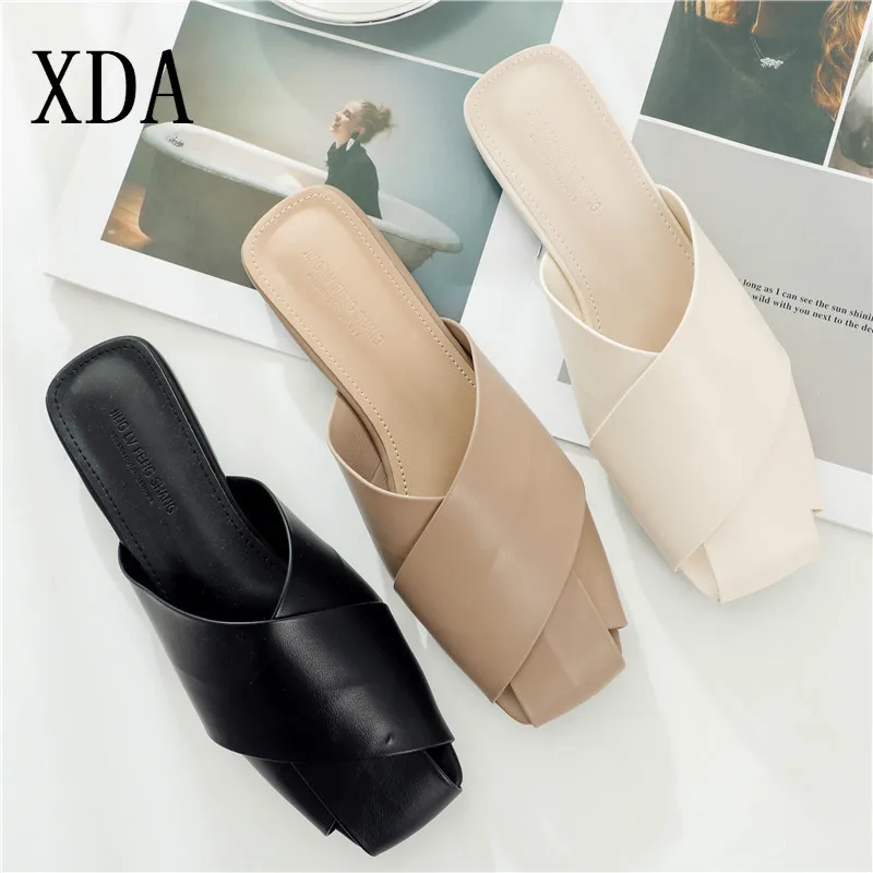 

XDA Spring summer flat slipper sexy Baotou Flat mules shoes woman fashion beach sandals slip on shoes brand retro slipper L282