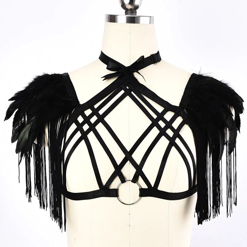 

JLX.HARNESS Women Neck Feather Body Harness Black Tassels Fetish Bralette Cage Bra Elastic Lingerie Bondage Body Belt Sexy Crop