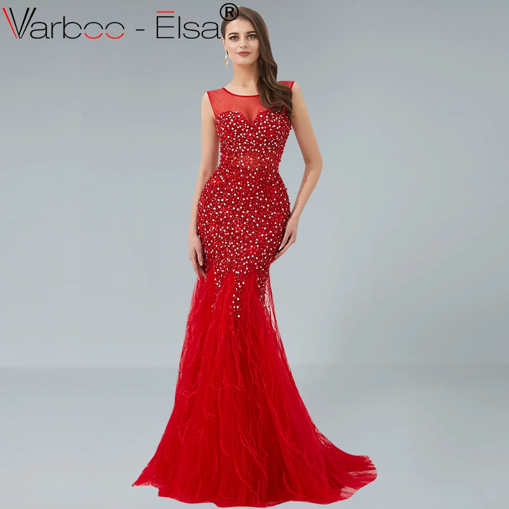 Женское вечернее платье VARBOO_ELSA Красное длинное с открытой спиной и кристаллами