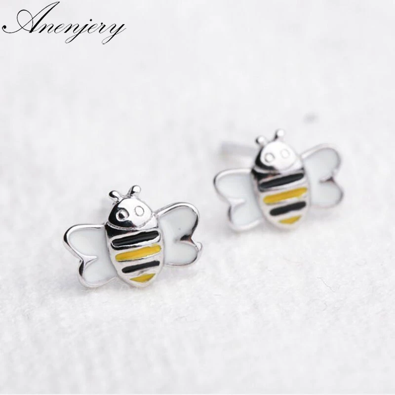 Anenjery 925 пробы серебряные крошечные пчелы мультфильм животных серьги для женщин школьницы подарки на день рождения вечерние S-E561