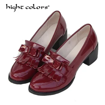 

Tassel Oxfords 2019 Bling Patent Leather Shoes Woman Loafers Casual Creepers Slip On High Heels Apricot Red Black Women Shoes