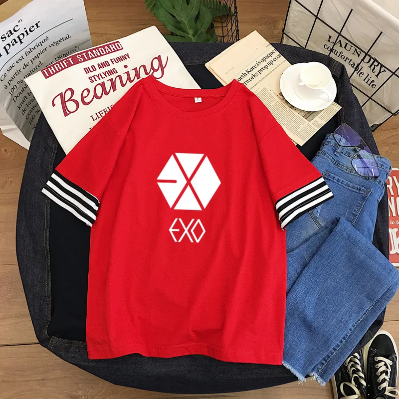 

kpop EXO Short-sleeved t-shirt female 2019 summer new women's tops Korean cotton round neck wild loose student splice tee shirt