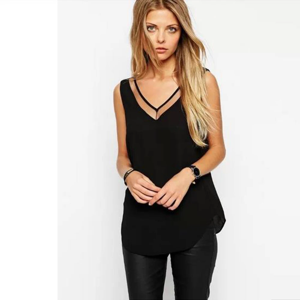 

Women Chiffon Shirt 2019 Summer Sexy V Neck Top Girl Casual Black White Mesh Patchwork Sleeveless Blouse Harajuku Tops Plus Size