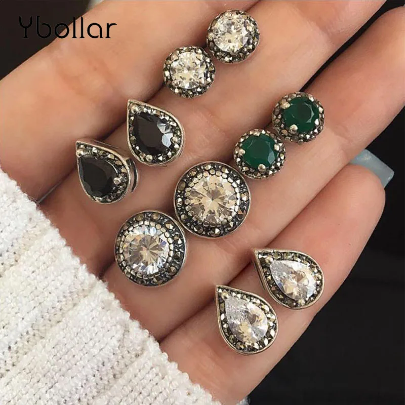 

5 Pairs/set Stud Earrings Green Black Crystal Rhinestone Round Waterdrop Droplet Ear Studs Women's Fashion Boho Jewelry Gift