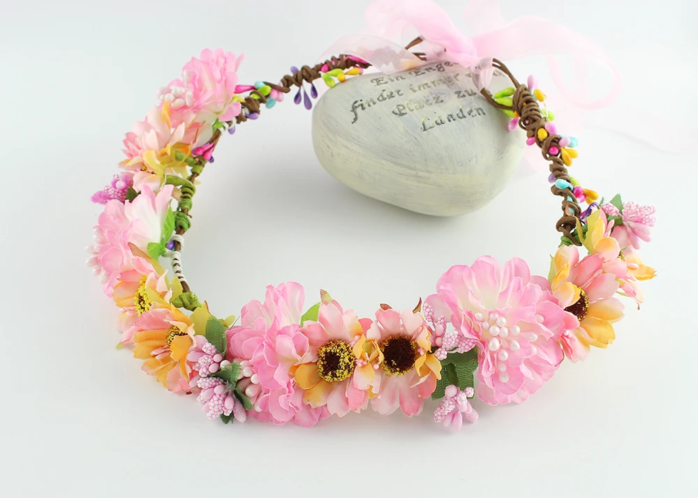

Pink peach color Hippie Love Flower Garland Crown Valentine Wedding Hair Wreath BOHO Floral artificial flower headwear crown