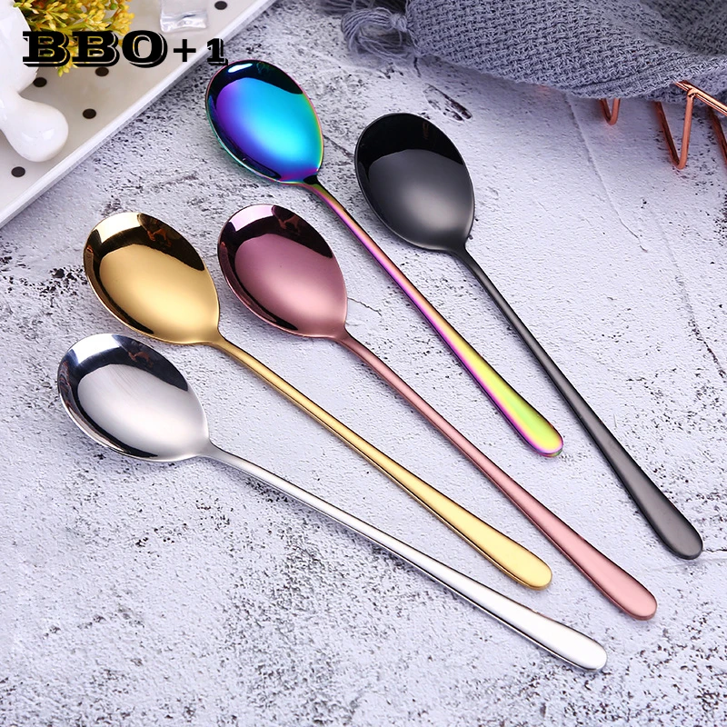5pcs Stainless Steel Coffee Spoon Korean Long Handle Metal Spoons Dessert Fruit Juice Mixing Serving Scoop Kitchen Tableware | Дом и сад