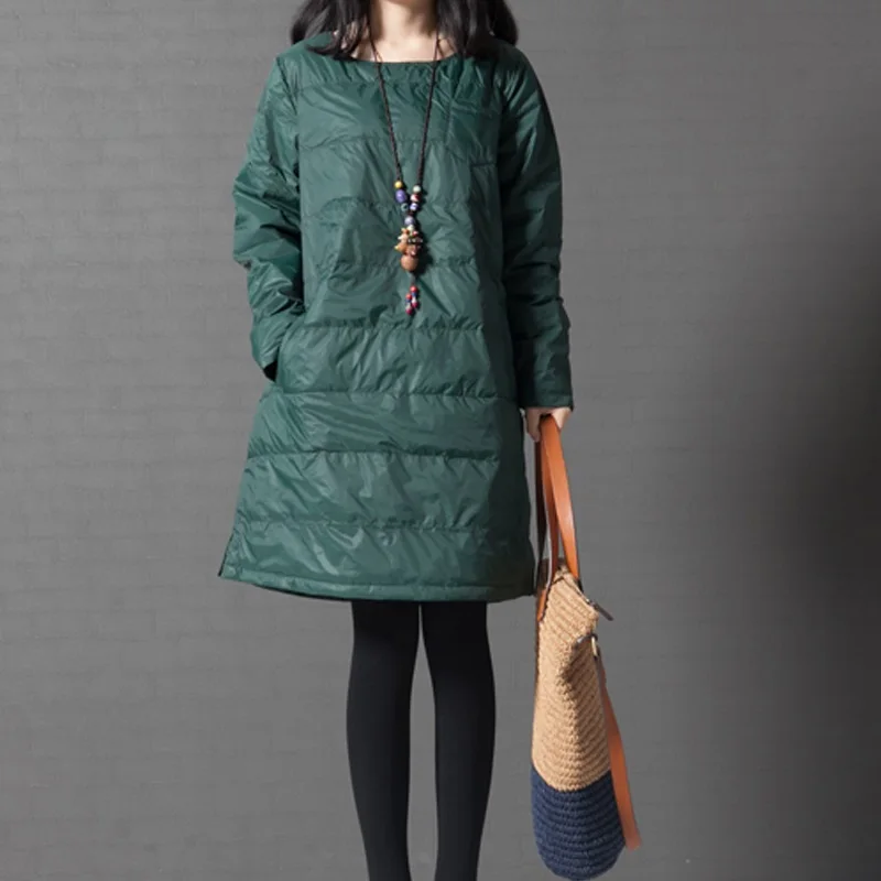 Стеганое Хлопковое платье с длинным рукавом размера плюс, винтажное женское повседневное свободное Мини платье на осень и зиму, элегантная одежда, женские платья - Цвет: Зеленый