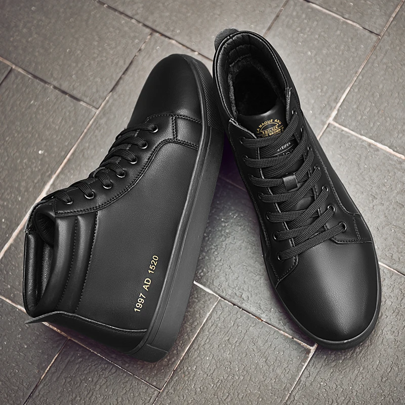 

SUROM Winter Boots Men High Top Snow Plush Warm Leather Casual Shoes Men Lace Up Fashion Sneakers Comfortable White Shoes