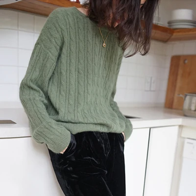 cashmere sweater female head round neck short loose thickening twist solid color knitted sweaters women autumn winter pullover - Цвет: Pine green