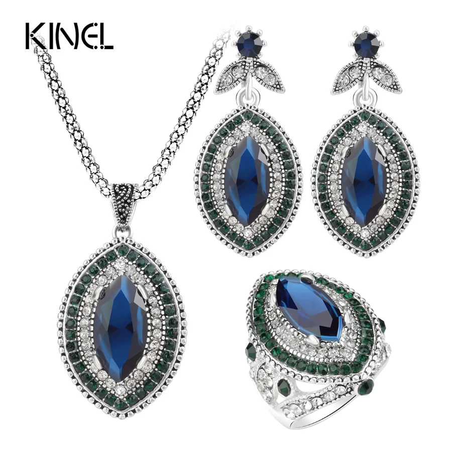 Kinel Роскошные 3 шт., винтажные Свадебные Ювелирные наборы для женщин, Мода, серебряные кольца с большими кристаллами, серьги и ожерелье