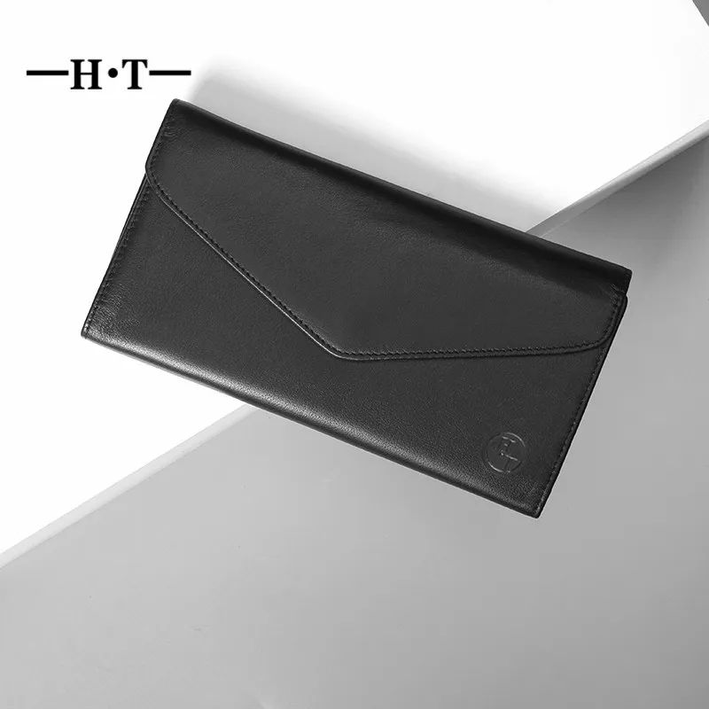 

HT 3 Fold Multifunctional Wallet Cowhide Leather Long Purses Men Envelope Wallets ID Card Holders Simple Phone Pockets Carteria