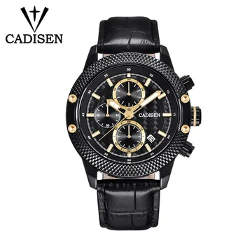 

Cadisen Chronograph stop Watch men luxury Waterproof Quartz Watches men clock genuine leather relogio masculino saati reloj 2018