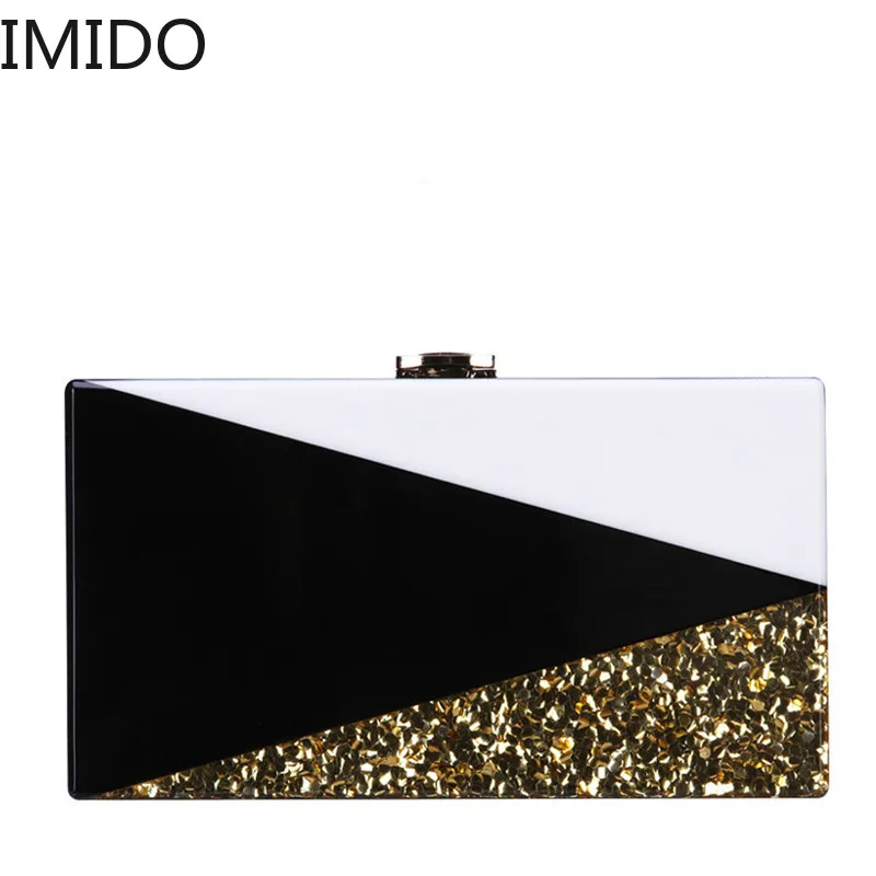 

IMIDO Black White Women Messenger Bags Geometric Lattice Patchwork Acrylic Evening Bags Gold Sequins Clutches Bag Party HandBags