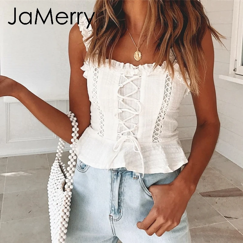 JaMerry, винтажный сексуальный белый кружевной женский топ на бретельках, укороченный топ с рюшами, Топики, женские летние открытые топы на шнуровке