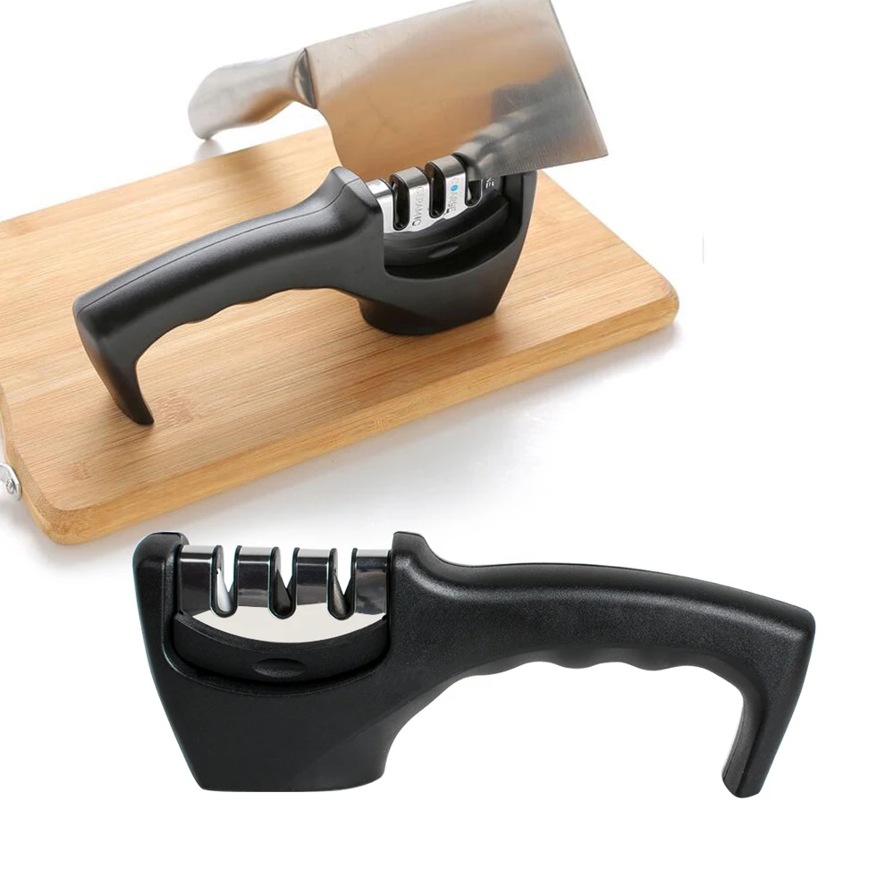 

Portable 3 Slots Multifunction Diamond& Ceramic wheel Knife Sharpner Outdoor Camping Kitchen Sharpener Black