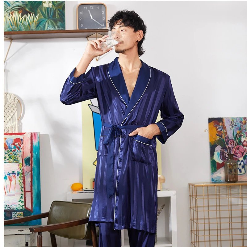 

2pcs Long Nightgown Robe Set Silk Robe Mens Robe Set Sleepwear Set Silk 9720
