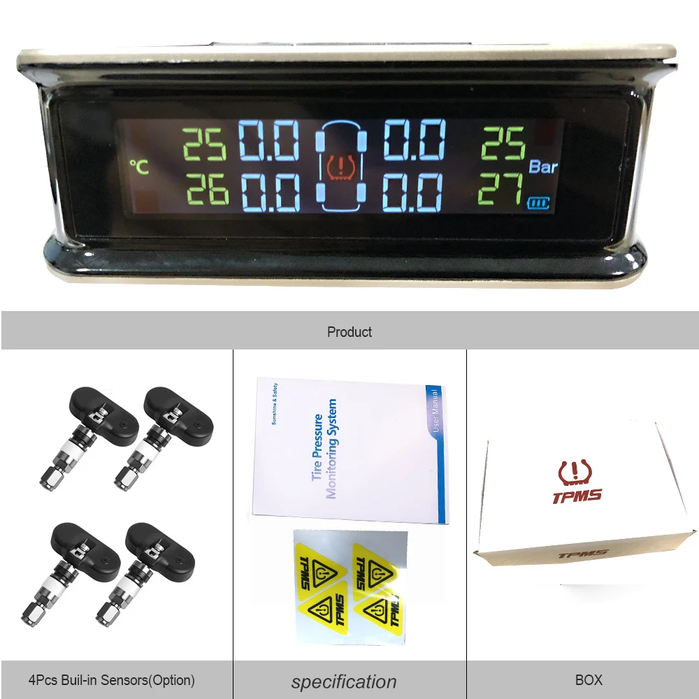  Solar TPMS Tire Pressure Monitor System  wITH 4 Internal Sensor Universal wireless Real-time Displays 4 Pressure Temperature