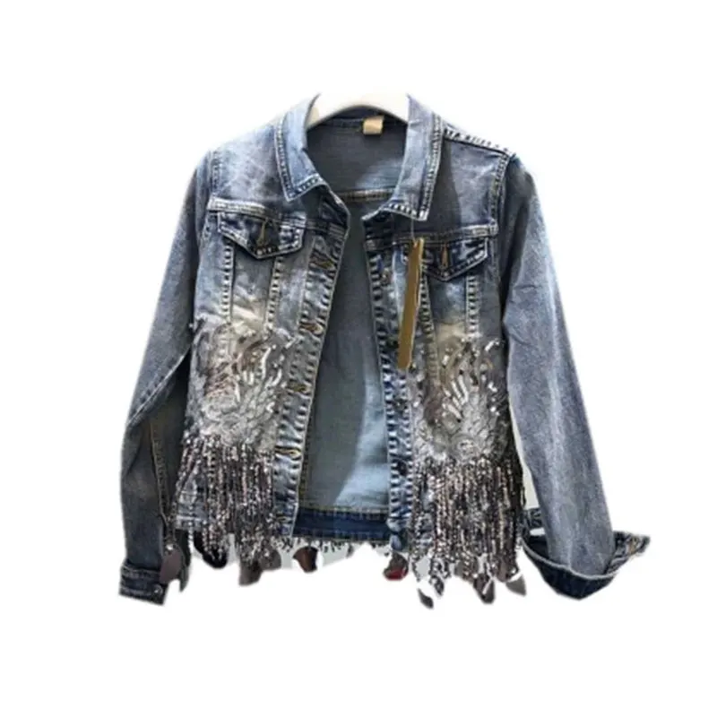 

Sequins Beading Tassel Women Denim Jacket 2019 Spring Autumn Embroidery Outwear Casual Fashion Cool Girl Chic Coat Female TY126