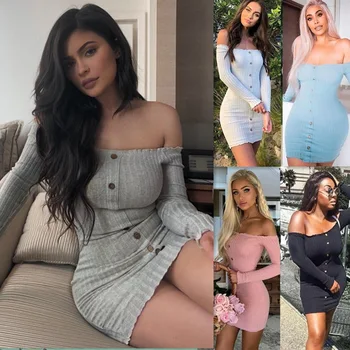 Sexy Slim Dress Women Autumn Solid Color Off Shoulder Long Sleeve Sexy Slash Neck Bodycon Dresses Mini Party Dress Vestidos