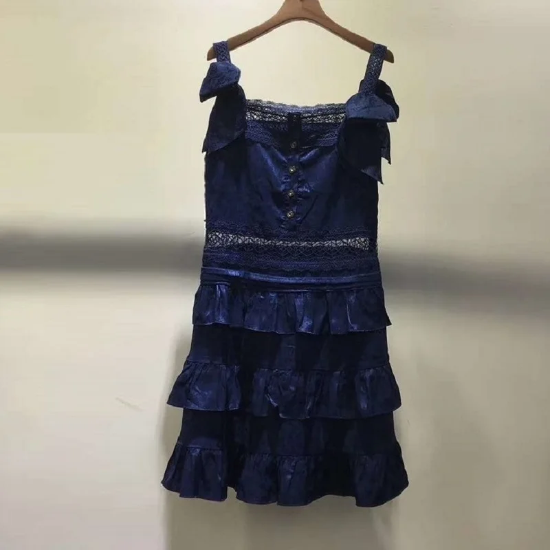 blue Новейшие дизайнерские платья г. летние пикантные вечерние Клубные платье Женский на бретелях кружевная Вязаная безрукавка белого и синего цвета милое платье - Цвет: blue