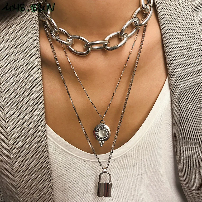 

MHS.SUN Exaggerated Women Choker Necklace Lock Pendants Girls Ladies Layered Chain Necklace Fashion All-Match Jewelry For Gift