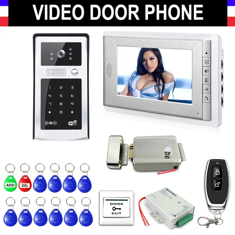 

Wired 7" Video Door Phone Doorbell Video Intercom Entry System + RFID Code Keypad Camera + Remote Control+ Electronic Lock+ EXIT