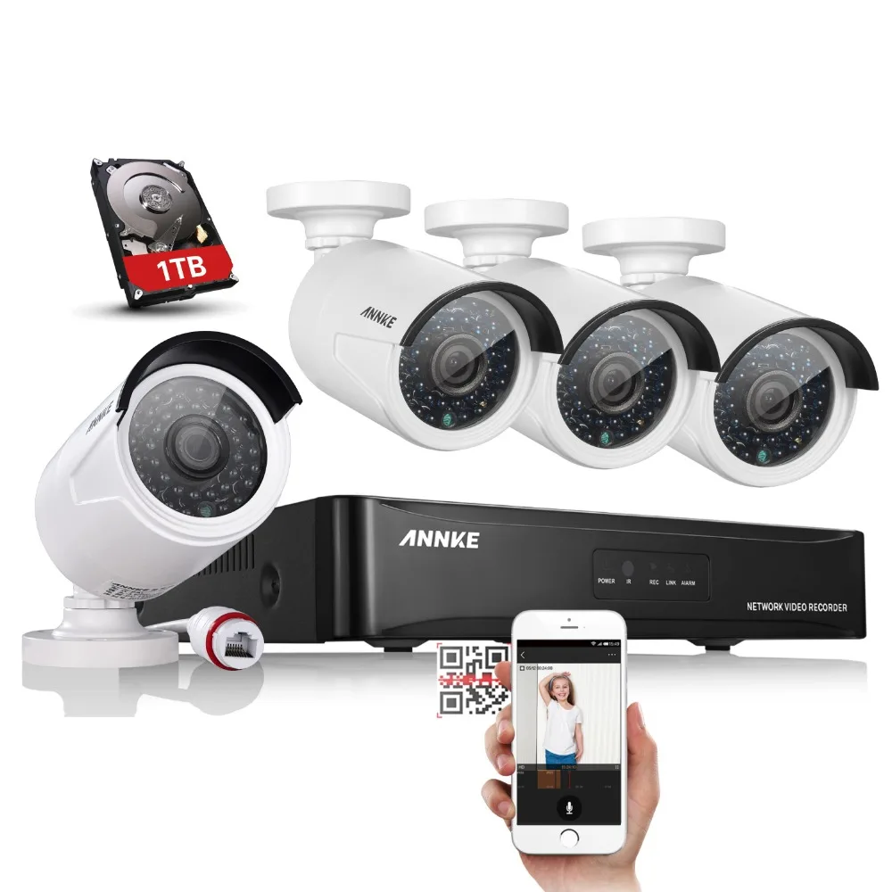 ANNKE HD 960P POE 4PCS 1.3MP IP Network CCTV Home Security Camera System 4CH HDMI NVR Email Alert Surveillance Kits 1TB HDD