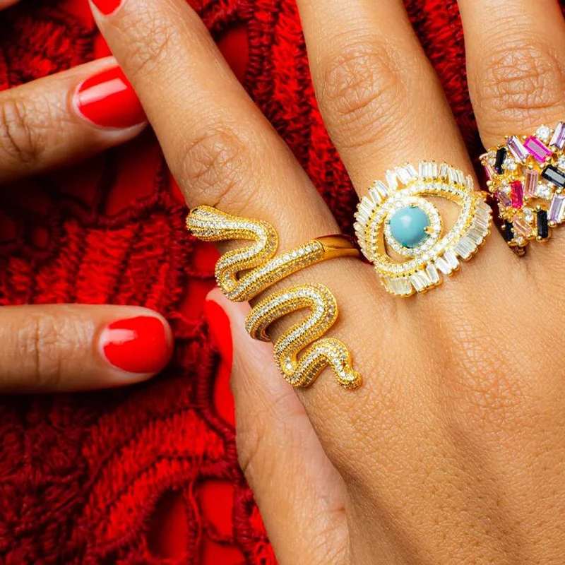 

gold filled multi warp snake ring for women men full finger jewelry micro pave cz snake shaped size 7 punk rock finger rings