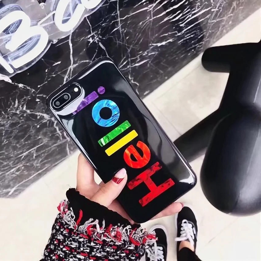 Luxury Rainbow Glitter Phone Case For iPhone 7 8 Plus X  Hello Letter Print Soft TPU Cases Back Cover For iPhone 8 7 6 S Plus  (6)