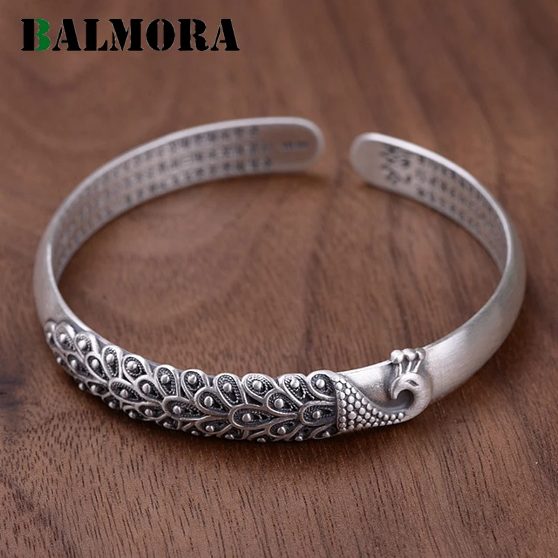 

BALMORA Solid 999 Pure Silver Peacock Pattern Matte Heart Sutra Bangles for Women Mother Jewelry Accessories Esposas WBH0240