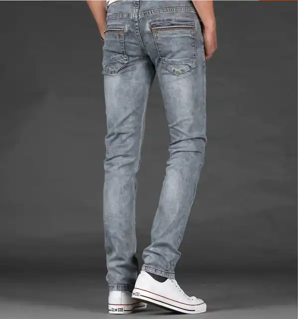 Autumn smoky grey jeans men's light color elastic slim denim long ...