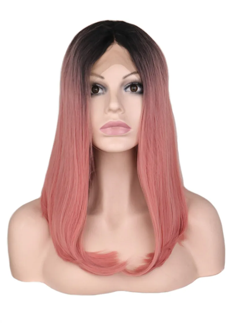 Goedkoop QQXCAIW Vrouwen Lijmloze Korte Straight Kant Pruik Zwart Ombre Roze Hittebestendige Synthetische Natuurlijke Haarlijn Haar Pruiken
