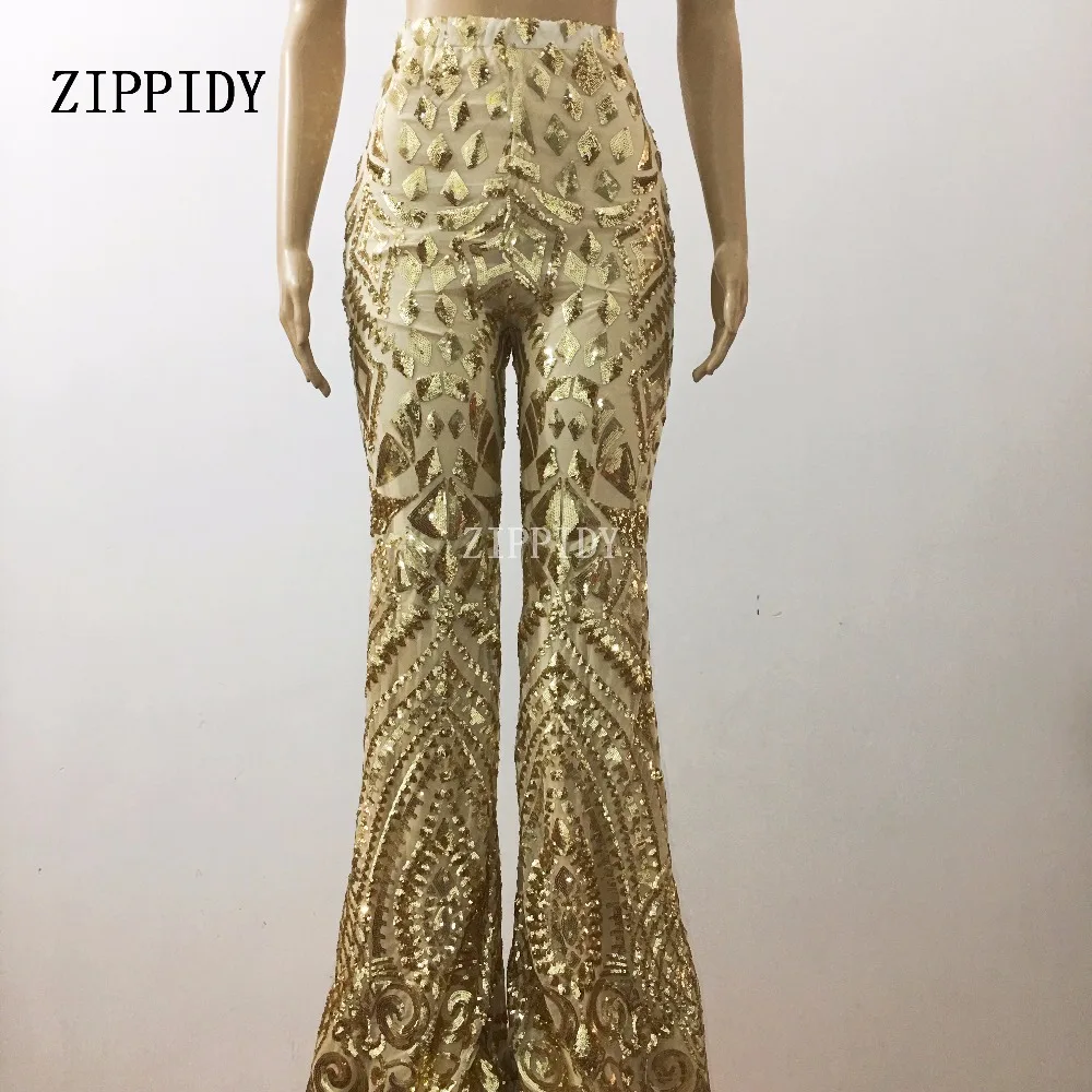 

New Design Gold Sequins Pants Birthday Celebrate Toursers Costume Female Singer Bling Performance Stage Dance Wear